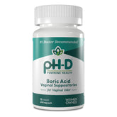 pH-D Feminine Health Support boric acid suppositories box on a bathroom shelf for balanced comfort.