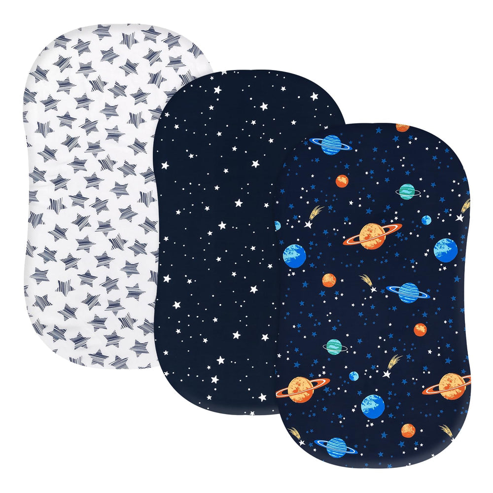 PHF 3-pack bassinet sheets with space-stars pattern for snug, secure sleep.