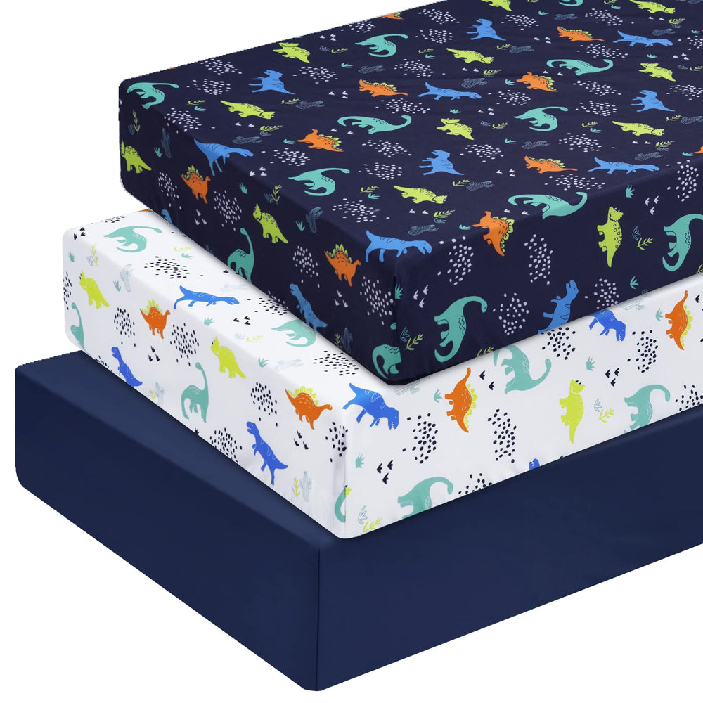 PHF 3-pack soft dinosaur crib sheets on standard crib mattress for playful style and practical fit.
