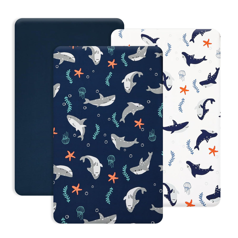 PHF shark mini crib sheets showing secure pack N Play fit for 1-5 inch mattresses