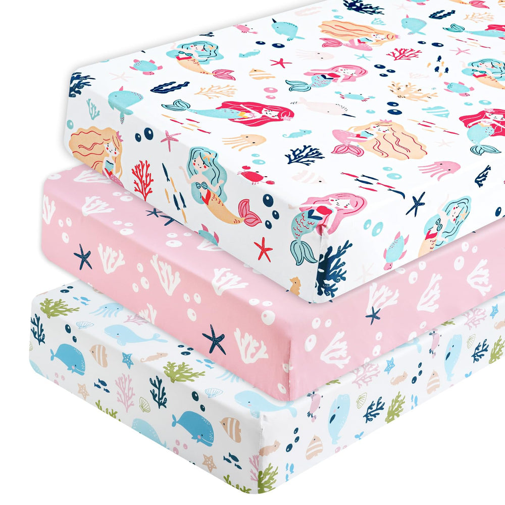 PHF Mermaid crib sheets 3-pack package in soft fabric for comfortable baby sleep.