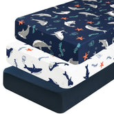 PHF shark crib sheet showing a snug 28x52 fit for standard cribs.