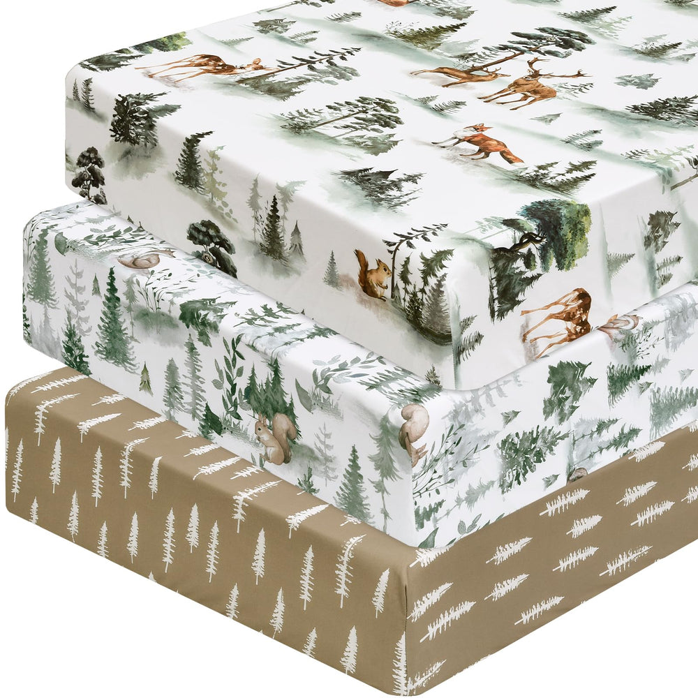 PHF Woodland crib sheets with a deer pattern provide a soft, breathable surface for baby sleep.