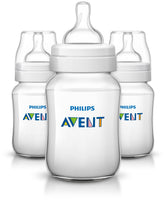 Philips Avent anti-colic bottle with clear body highlights the 9oz design reduces air in feeding