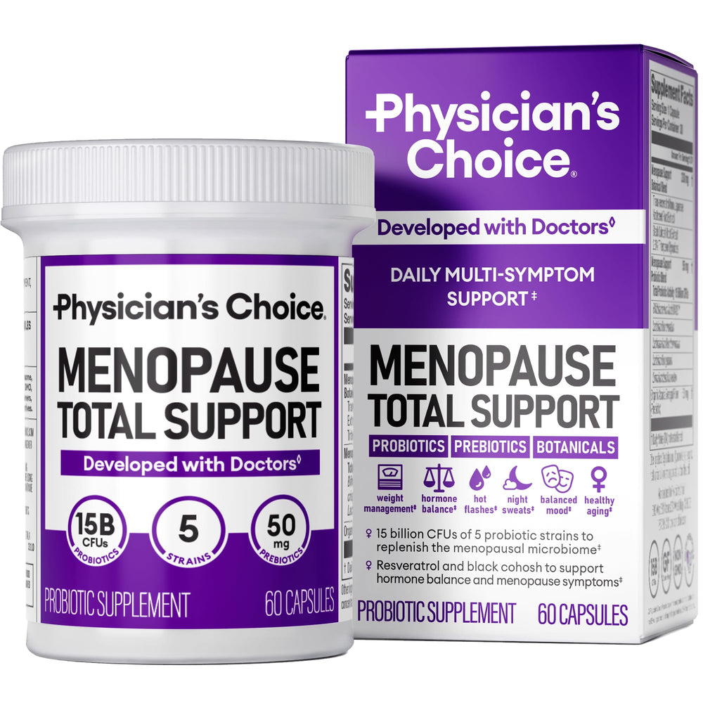Physician's CHOICE Menopause Probiotic bottle promoting gut health and balance