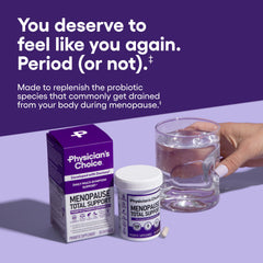 Physician's CHOICE Menopause Probiotic capsules close-up for easy daily use.
