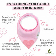 Pickle & Olive bandana teether pink close-up of heart shaped silicone teether