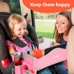 PILLANI car seat tray with pockets keeps toys and art within reach.