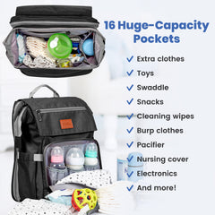 PILLANI diaper bag backpack showing 16 pockets for organized storage