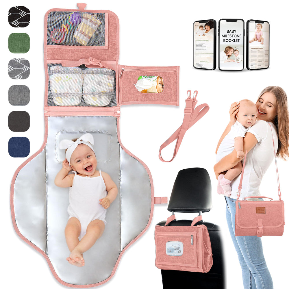 PILLANI portable changing pad closed, compact clutch design for travel convenience.