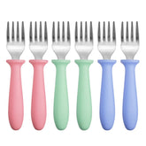 Pimoys 6-pack stainless steel toddler forks with smooth edges for safe self-feeding.