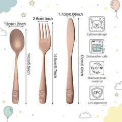 Pimoys rose gold kids silverware set shows mirror-polished finish for stylish, easy-to-clean dining.