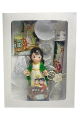 Pink Princess baptism candle set with angel statue on a bridge enhances ceremony ambiance.