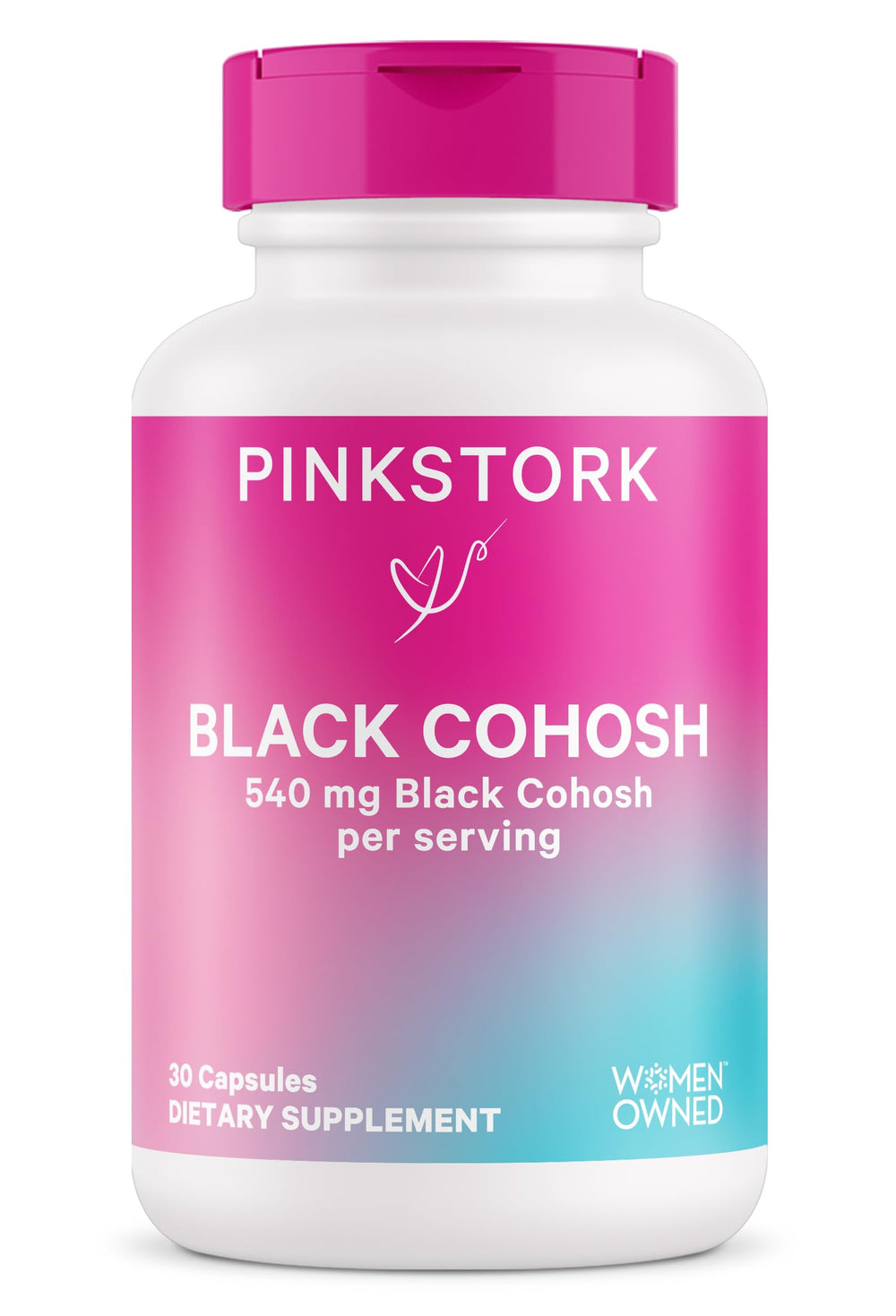 Pink Stork Black Cohosh bottle front shows menopause support potential.