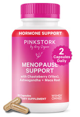 Pink Stork Menopause Support bottle and caps for daily, non-hormonal balance.