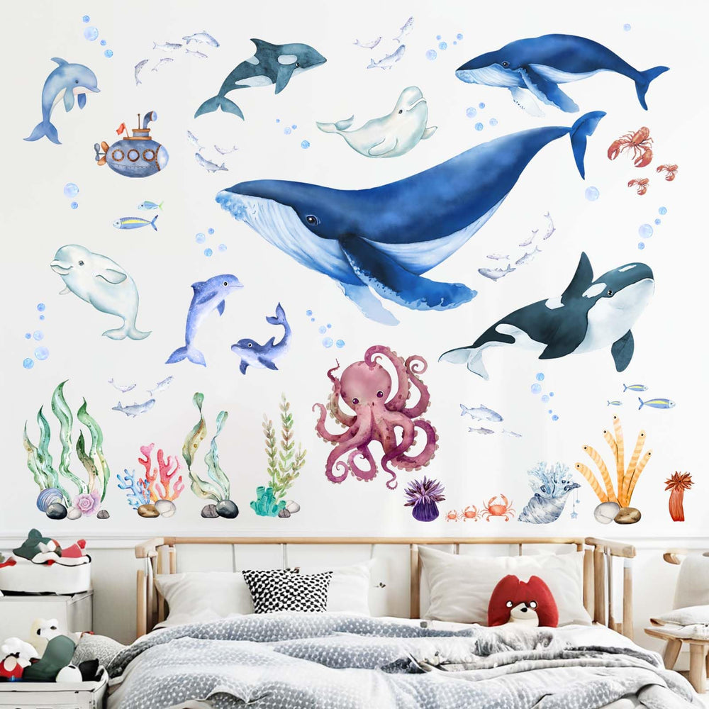 PinkEleph Under The Sea whale decal brightens walls for imaginative play.