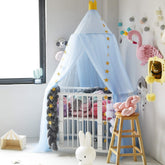 Pinkrin blue bed canopy with star decor over a cozy princess bed for imaginative evenings