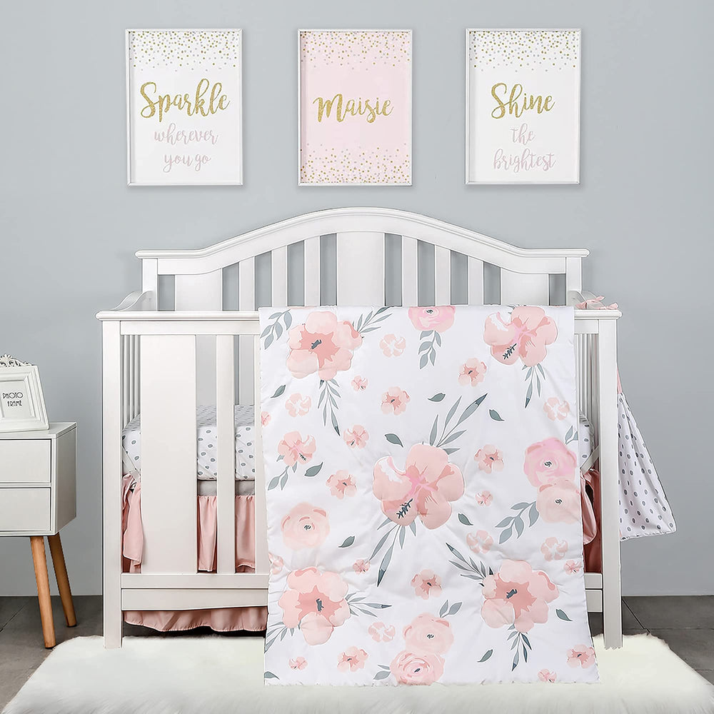 PINNKKU floral crib bedding set in full view, soft microfiber for baby comfort.
