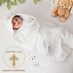 Pinuotu christening lace embroidery detail adds ceremonial elegance for keepsake moments
