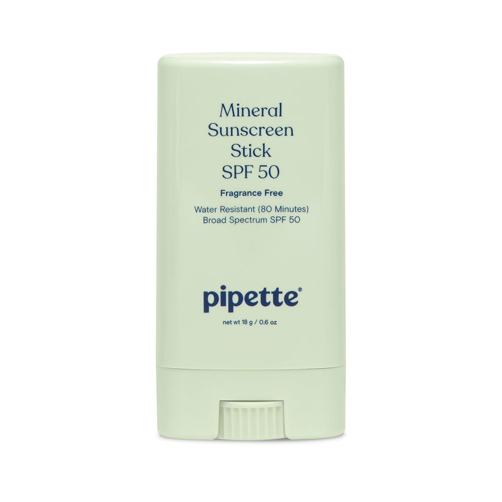 Pipette baby mineral sunscreen stick close-up showing travel-friendly compact