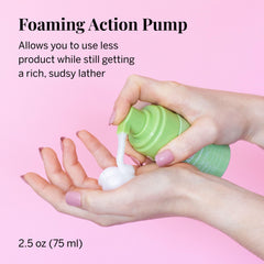 Pixie Cup foaming action shown with airy lather, offering gentle cleansing with less product