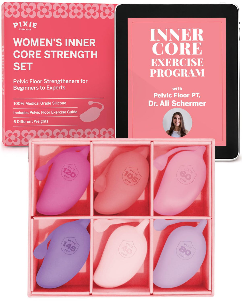 Pixie Cup inner core set packaging highlights the beginner-friendly kit for wellness routines.