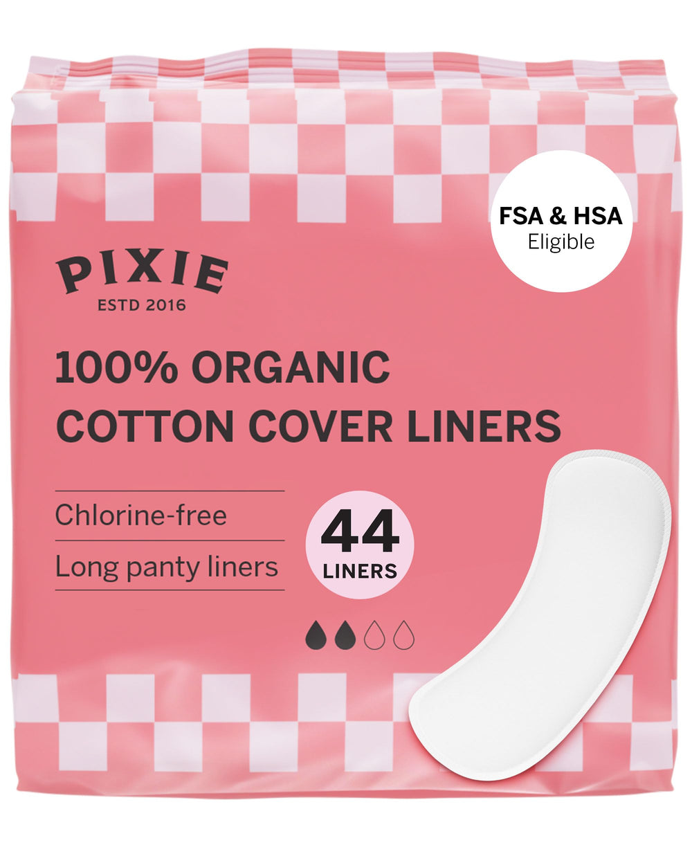 Pixie Cup long panty liner with organic cotton cover for natural daily protection.