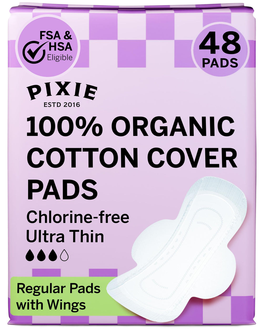 Pixie Cup pads packaging shown with eco-friendly design and product branding.