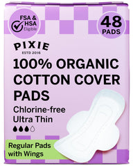 Pixie Cup pads packaging shown with eco-friendly design and product branding.