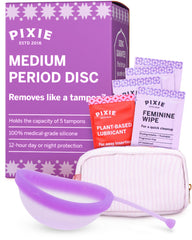 Pixie Cup Period Disc bottle packaging highlights medical-grade silicone for safe use.