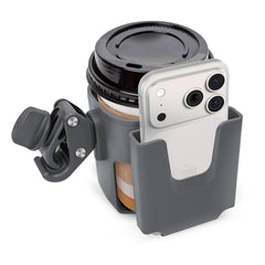 PLANTURECO 2-in-1 holder on stroller handle keeps drinks and phone within reach.