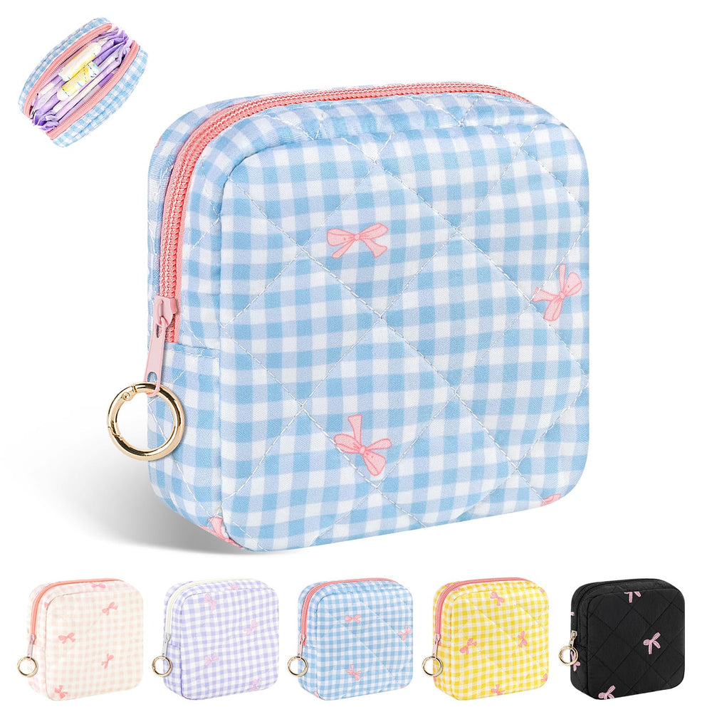Playexen period bag plaid blue front view, compact to carry discreetly in a backpack.