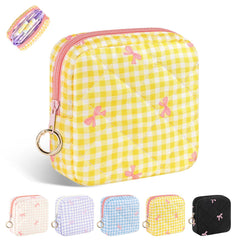 Playexen period bag plaid yellow front view, compact to fit in a purse for discreet storage.