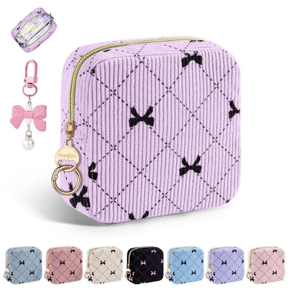 Playexen period bag exterior in purple bow tie for discreet, portable storage.