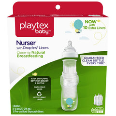 Playtex Baby Nurser Bottle with Drop-Ins liners showing air-free feeding for calmer feeds