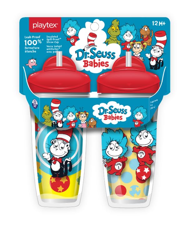 Playtex Baby Sipsters Cat in the Hat straw cup with 3D artwork for confident toddler hydration.