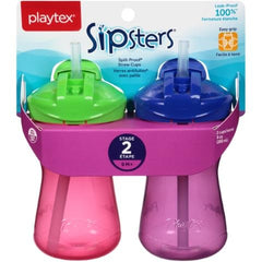 Playtex Baby Sipsters straw sippy cup in pink and green, leak-proof for on-the-go hydration.