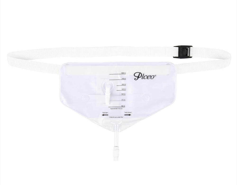 Plceo urine bag with waist belt and 1000ml capacity for secure wear.