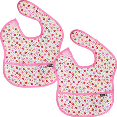 Plie pink strawberry baby bibs two-pack catch crumbs during meals.