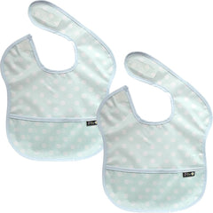 Plie bib 2-pack front pocket catches messes for easier mealtimes.