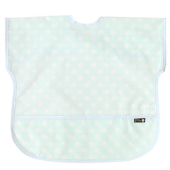 Plie bib with a large catch pocket traps crumbs and spills.