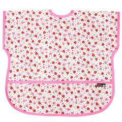 Plie short sleeve bib pink strawberry closeup shows waterproof fabric for mess-free meals.