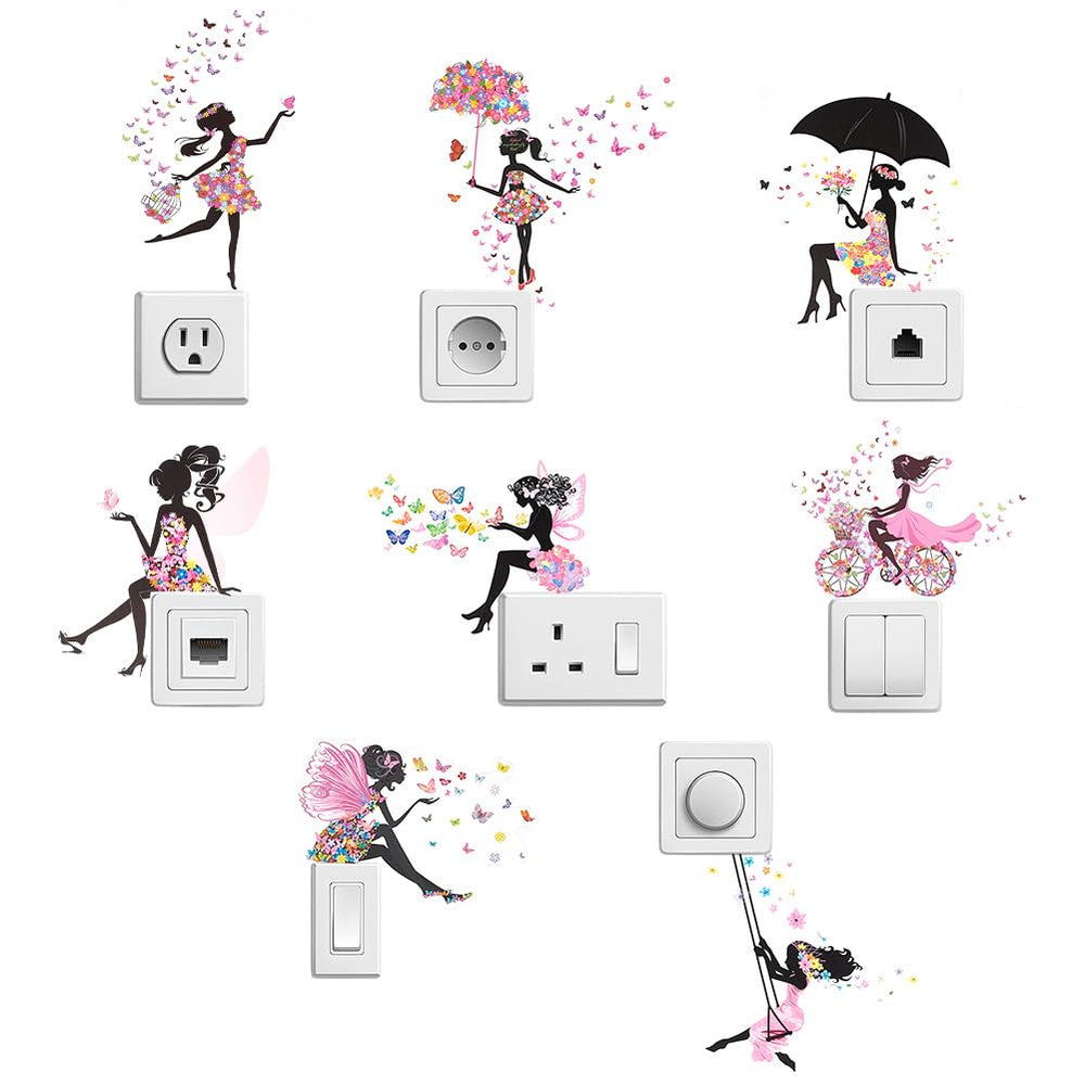 PLIGREAT flower-butterfly switch sticker collection adds whimsical outlet decor