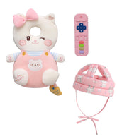 PLOVZ head protector backpack pink kitten offers soft protection during early play