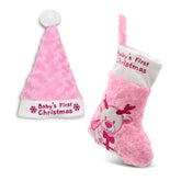 PLUSHIBLE Baby’s First Christmas pink stocking with bear embroidery for keepsake photos.