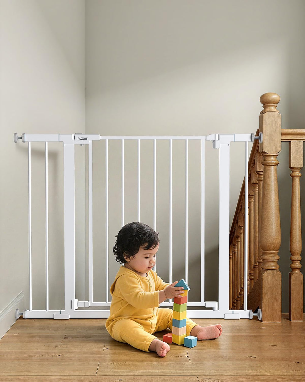 PLZOIT baby gate on stairs with auto-close for safe passage