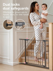 PLZOIT brown baby gate at doorway, walkthrough scenario with easy installation and wall protection