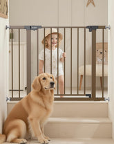 PLZOIT brown baby gate on stairs, closed, showing sturdy metal construction for safe stair access
