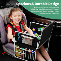 Plzpik Kids Travel Tray cup holder slot keeps drinks secure during bumps.