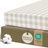 Pobibaby 2-pack crib sheets in gingham khaki with snug fit.